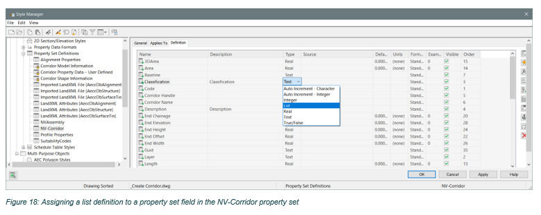 Assigning a list definition to a property set field in the NV-Corridor property set